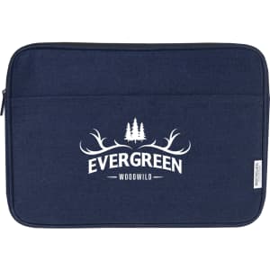 A navy laptop sleeve with a front logo and a zipper closure, designed for 16-inch laptops.