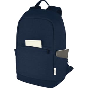 A navy blue laptop backpack with a front pocket and side compartments, featuring a logo on the side.