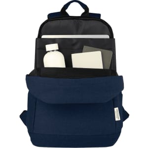 A navy blue laptop backpack with a bottle, notebooks, and a folder visible inside. It features a logo on the exterior.