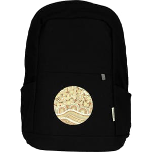 A black laptop backpack featuring a circular design with intricate patterns. It has side pockets and a logo.