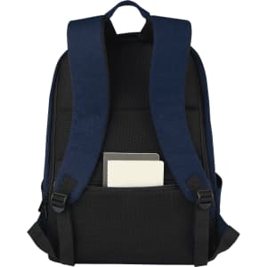 A navy blue laptop backpack featuring padded shoulder straps and a mesh back panel, with an inner pocket visible.