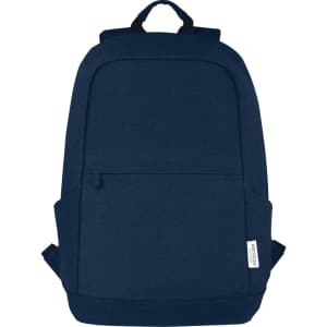 A navy blue recycled canvas laptop backpack with anti-theft features and a front pocket, showcasing a logo.