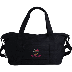 A black duffle bag with sturdy handles, features a front pocket and has a logo on the side. Ideal for sports or travel.