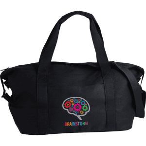 A black recycled canvas duffle bag with colourful gear and brain logo, featuring dual handles and a shoulder strap.