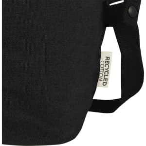 A black recycled canvas sports bag with a shoulder strap and a small tag.