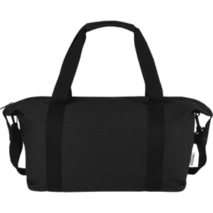 A black recycled canvas sports bag with dual handles and a removable shoulder strap. Features a logo on the side.