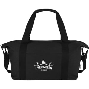 A black duffle bag with handles and an adjustable shoulder strap, featuring a logo on the front.