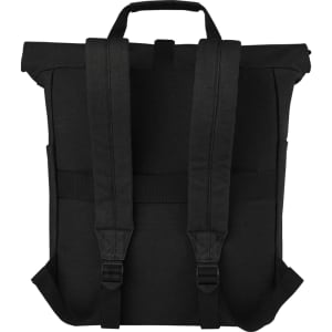 A black recycled canvas backpack tote with adjustable straps and a top handle, featuring a logo.