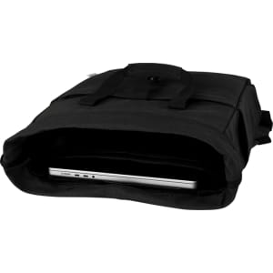 A black canvas backpack tote with a laptop compartment and sturdy handles, featuring a logo on the front.