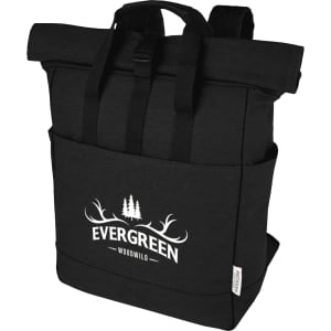A black recycled canvas backpack tote featuring a front pocket and a logo. Its design includes adjustable straps.