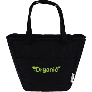 A black cooler tote bag with two handles and a front pocket, featuring a logo and made from recycled canvas.