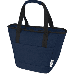 A navy cooler tote bag with black handles, featuring a pocket and a logo. Designed for carrying beverages.