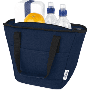 A navy cooler tote holds two drink bottles, an orange, and a white container, featuring black handles and a logo.