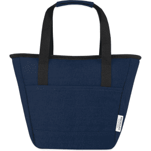 A navy blue cooler tote bag with black handles and a side pocket, featuring a logo.