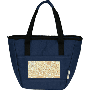 A navy cooler tote featuring a decorative panel, sturdy black handles, and a logo on the side.