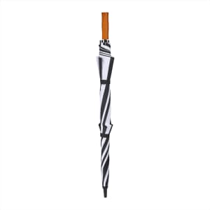 A black and white striped golf umbrella with a wooden handle, featuring a logo.