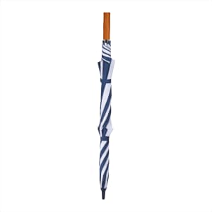 A navy and white striped recycled golf umbrella with a wooden handle and a logo.