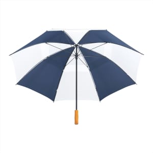 A navy and white recycled golf umbrella with a wooden handle and a logo.