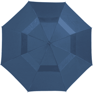 A navy blue, recycled golf umbrella featuring an octagonal shape and a central opening mechanism. It has a logo.