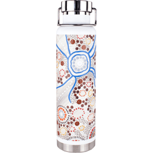 A drink bottle with a white and patterned design, featuring copper vacuum insulation and a stainless steel lid.