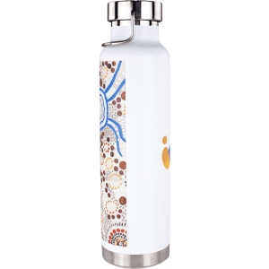 A drink bottle in white with a decorative Aboriginal-inspired design, featuring a stainless steel lid and base.