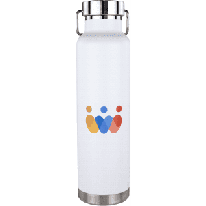 A drink bottle in white with a metal base and a logo, featuring vibrant coloured graphics.