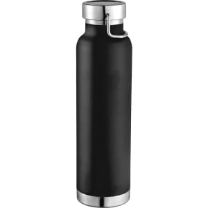 A drink bottle with a sleek black body and silver accents, featuring a cap and a loop attachment.