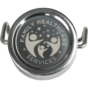 A drink bottle cap with a silver finish and a logo design featuring three figures in a circular pattern.