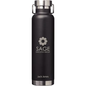 A drink bottle featuring a sleek black design with a stainless steel base and a logo. Holds 650ml.