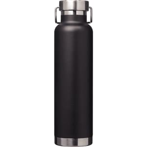 A drink bottle in matte black with a stainless steel base and cap, featuring a handle and a logo.
