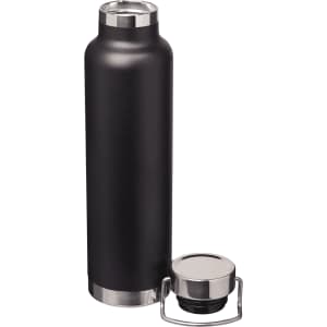 A drink bottle in matte black with a stainless steel cap and an attached handle. Features a logo on the side.