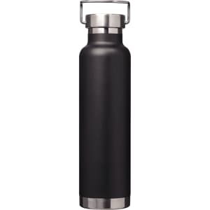A drink bottle in matte black with a stainless steel base and a metal handle on the lid. Features a logo.