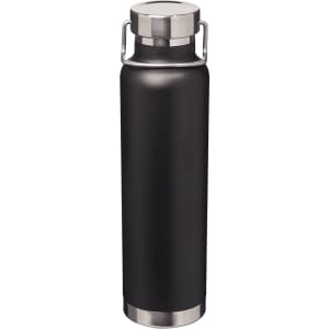 A drink bottle featuring a sleek black design with stainless steel accents and a secure lid.
