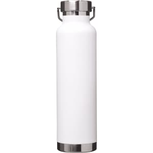 A drink bottle in white with a stainless steel lid and base, featuring a logo.