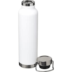 A drink bottle with a sleek white finish and stainless steel accents, featuring a removable cap.