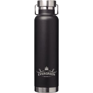 A drink bottle in matte black with a stainless steel screw-top lid and a logo on the front.