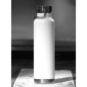 A drink bottle with a sleek white body and a silver base, featuring a black lid and a logo.