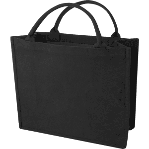 A black recycled tote bag with two handles and a spacious design, featuring a branded logo.