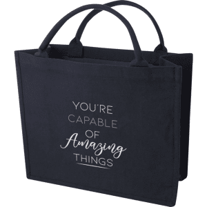 A navy blue tote bag with two handles and a logo, featuring the phrase "You're capable of amazing things."