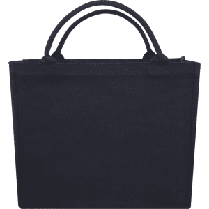 A black recycled tote bag with dual handles and a simple, unembellished design. It features a logo on the front.