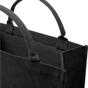 A black recycled tote bag with sturdy handles and an open top, featuring a simple design.