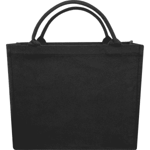 A black recycled tote bag with two handles and a simplistic design, featuring a logo on one side.