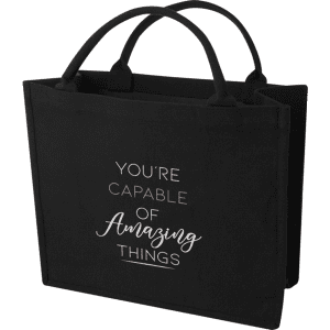 A black tote bag with two handles featuring a printed design and a logo.