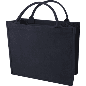 A black recycled tote bag with dual handles and a sturdy design. It features a simple structure and includes a logo.