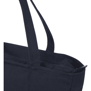 A black recycled zip tote bag with sturdy handles and a zip closure at the top. It features a logo.