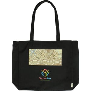 A black tote bag featuring a patterned design and a logo on the front. It has two sturdy handles.