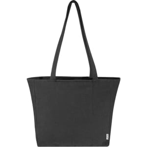 A black recycled zip tote bag with two sturdy handles and a simple design. Features a logo on the side.