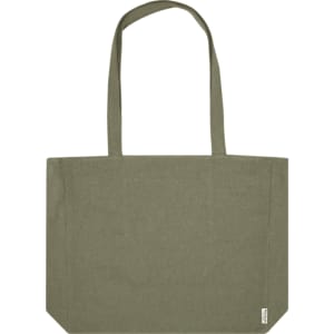 A green recycled zip tote bag with long handles and a brand logo on the side.