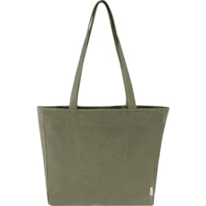 A large, olive green recycled zip tote bag with long handles and a simple design. It features a logo.
