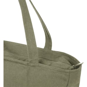 A green recycled zip tote bag featuring long handles and a zip closure. It has a logo on the side.